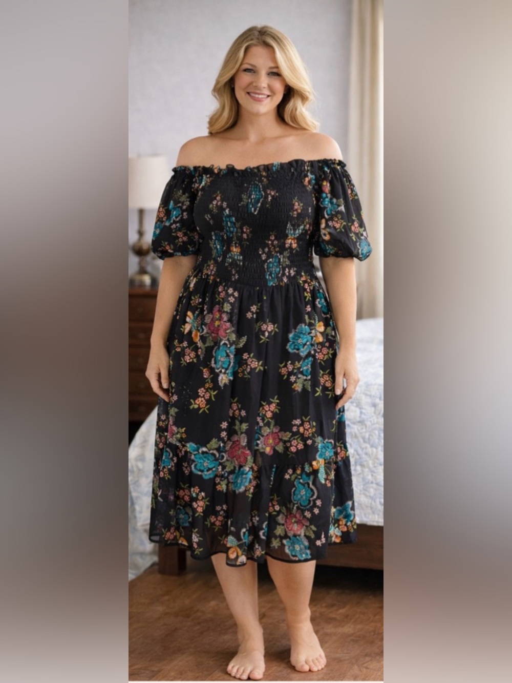 Lauren Conrad Boho Floral Smocked Midi Dress XXL Off Shoulder Puff Sleeve